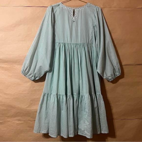 Kopal | The Zeenat Dress Smocked Rosette Bib Popover Sea Green Stripe Size L - Picture 11 of 15